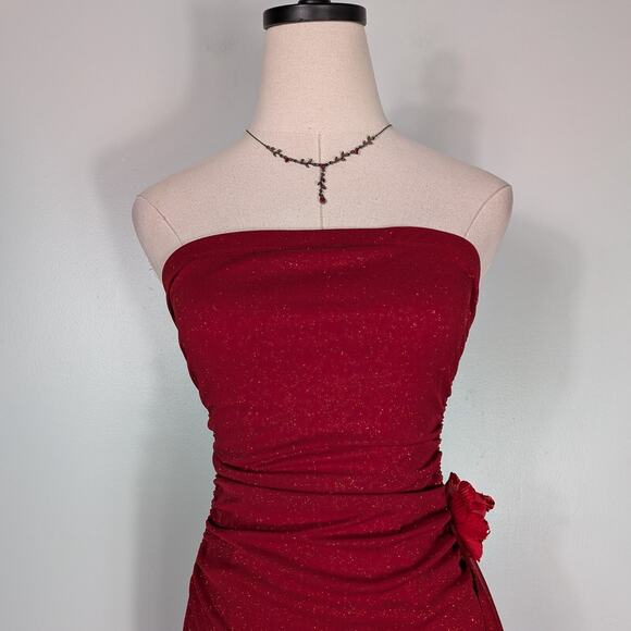 Vintage Prom Dress Maxi Gown M Red Y2K Strapless Mesh Ruffle Fairy Glam Stretch - Picture 3 of 12